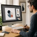 Grafico al computer che prepara un logo vettoriale accanto a campioni di colore e gadget da stampare