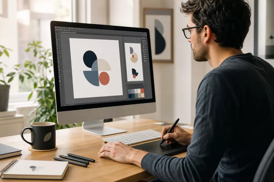 Grafico al computer che prepara un logo vettoriale accanto a campioni di colore e gadget da stampare