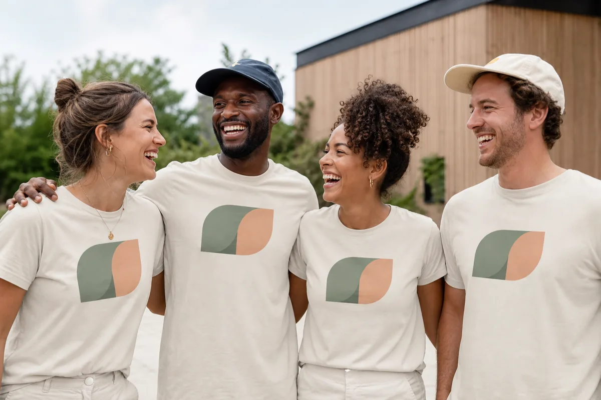 Gruppo di persone con magliette coordinate e frase stampata sul petto