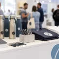 Stand di una fiera con penne, borracce e magliette personalizzate esposte sul bancone