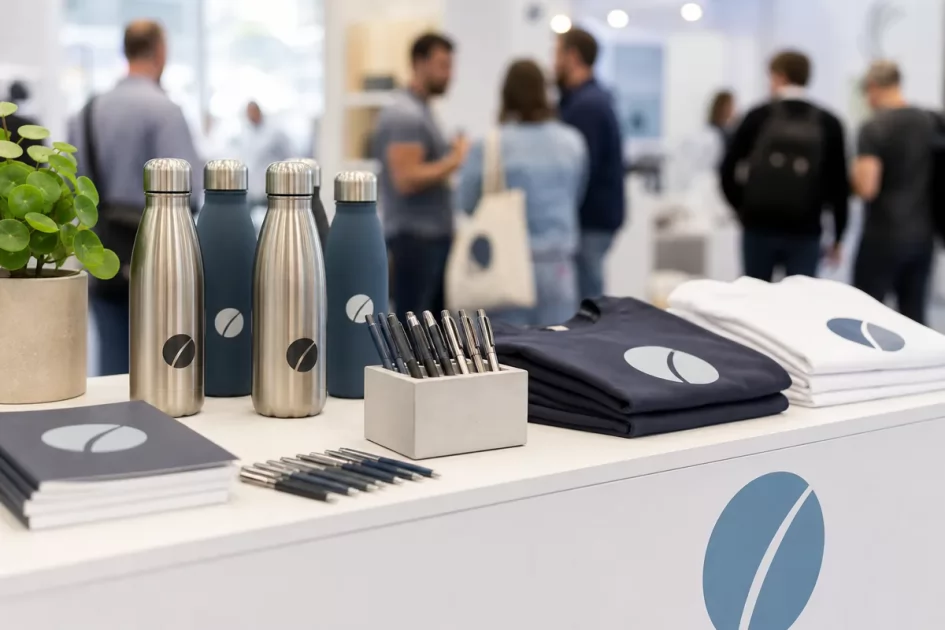 Stand di una fiera con penne, borracce e magliette personalizzate esposte sul bancone