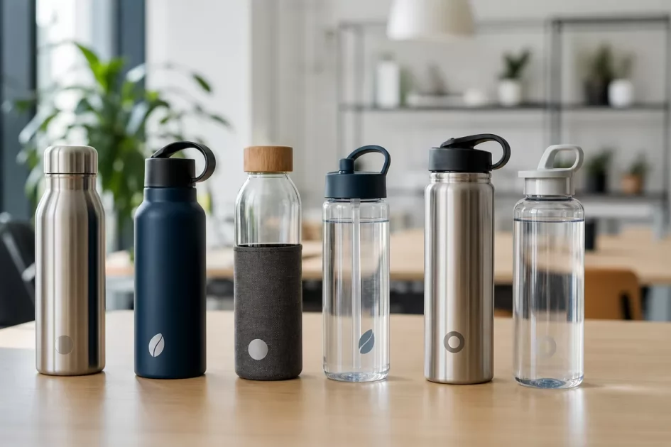 Borracce personalizzate in acciaio, alluminio, vetro e plastica allineate su un tavolo