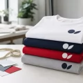 Pila di magliette colorate personalizzate con un logo, pronte per la consegna