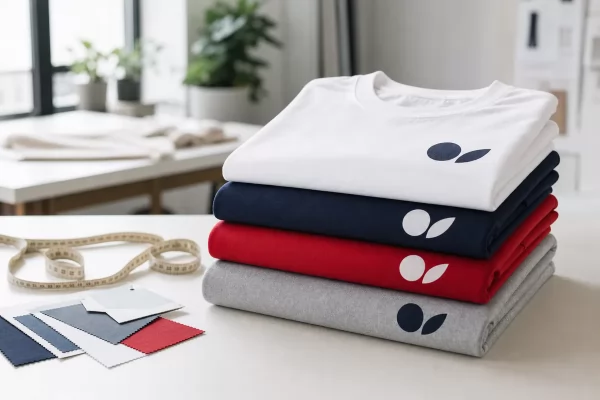 Pila di magliette colorate personalizzate con un logo, pronte per la consegna