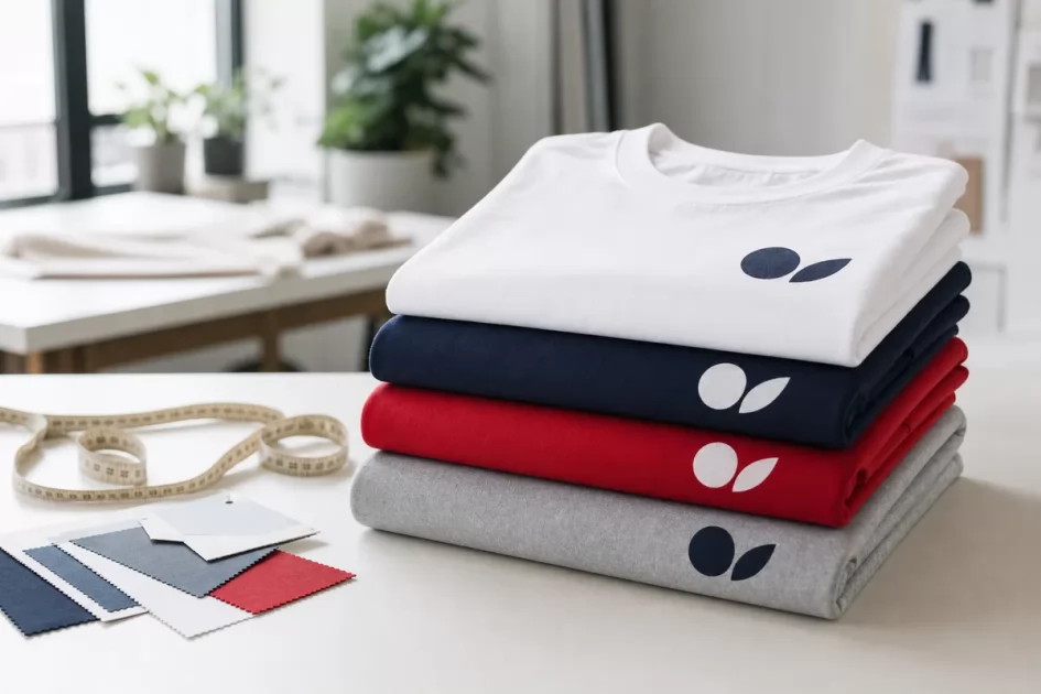 Pila di magliette colorate personalizzate con un logo, pronte per la consegna