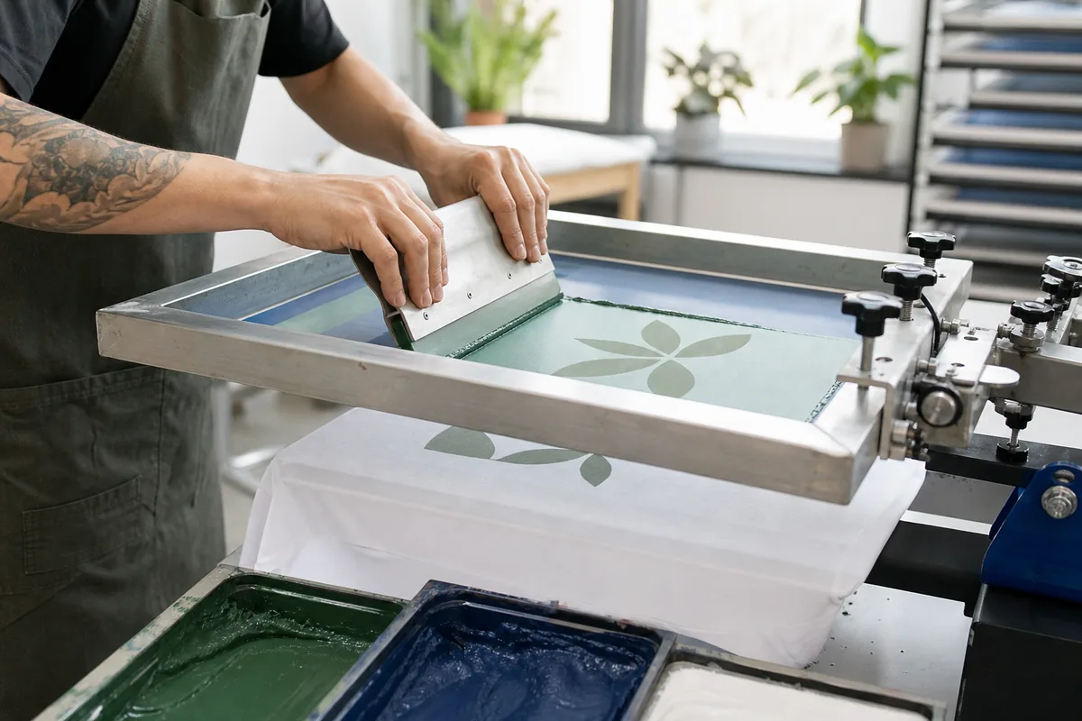 Stampa serigrafica di una maglietta: la racla passa sul telaio