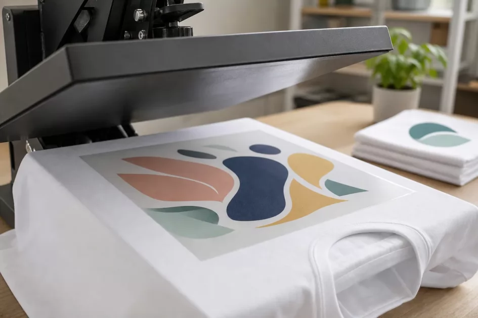 Pellicola stampata con un logo a colori appoggiata su una maglietta bianca prima del trasferimento a caldo