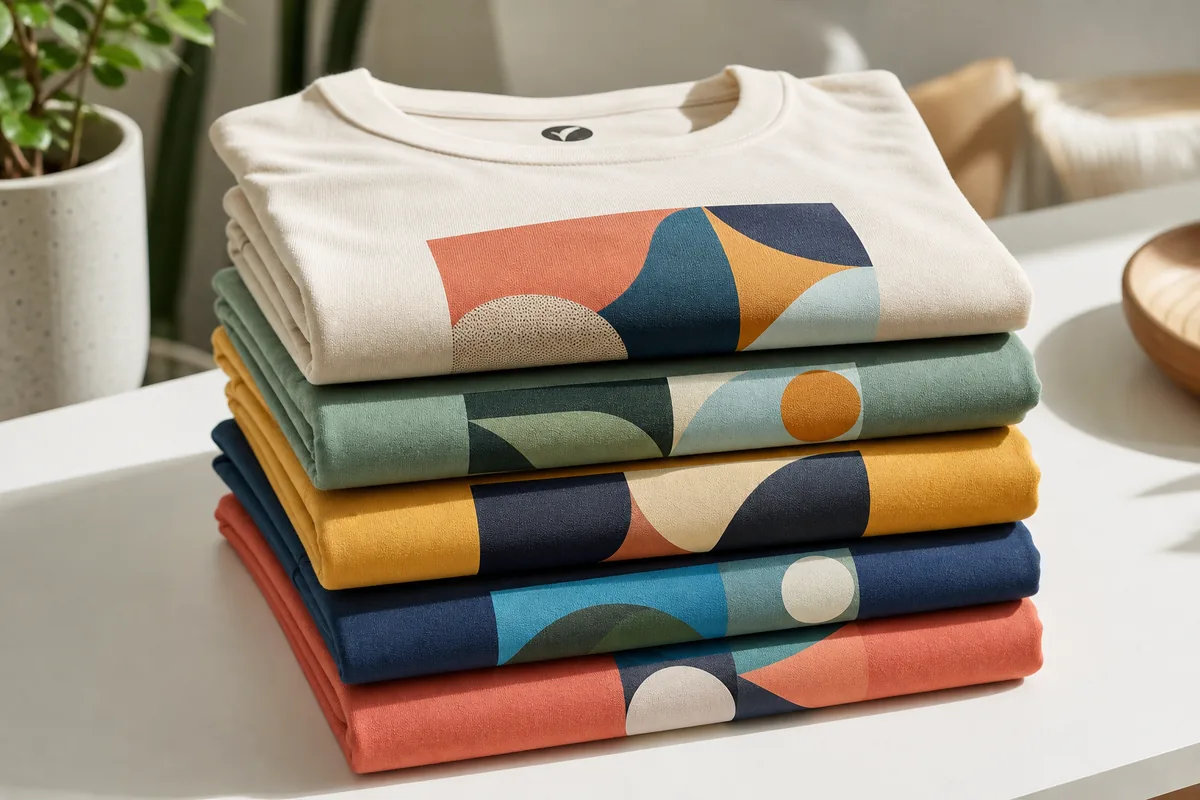 Pila di magliette colorate con un logo a colori stampato sul petto