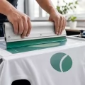 Operatore che stampa un logo su una maglietta con la tecnica della serigrafia tessile