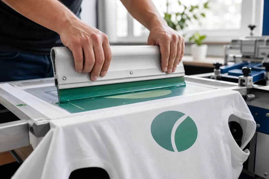 Operatore che stampa un logo su una maglietta con la tecnica della serigrafia tessile