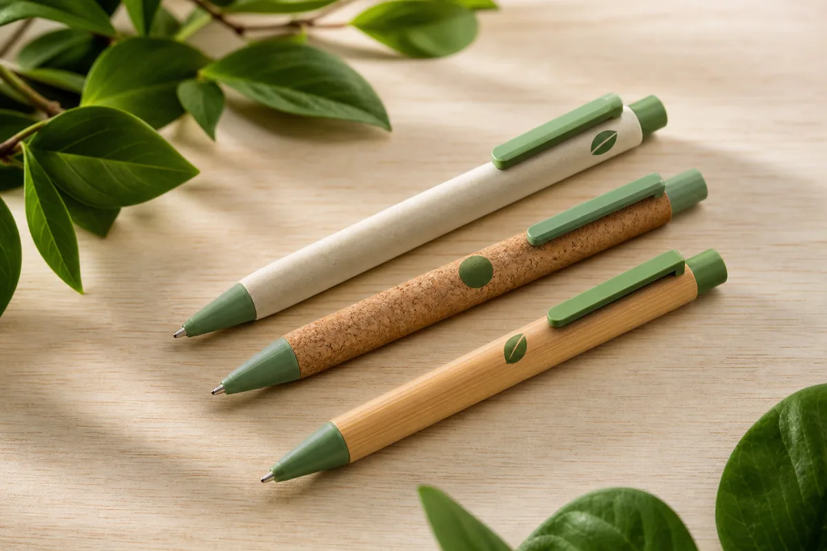 Penne ecologiche in carta e bambù con un logo stampato sul fusto